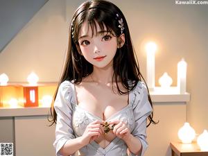 A woman in a white dress holding a gold ring.