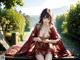 A woman in a red kimono sitting on a wooden bench.