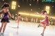 A group of young women skating on an ice rink.