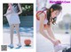 A woman in a white basketball uniform tying up her shoes.